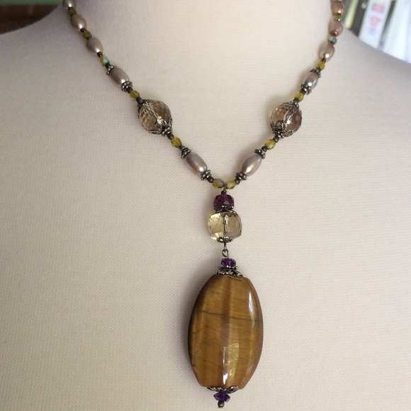 Tiger's Eye, Pearl, & Quartz Statement Necklace - Picture 1 of 6